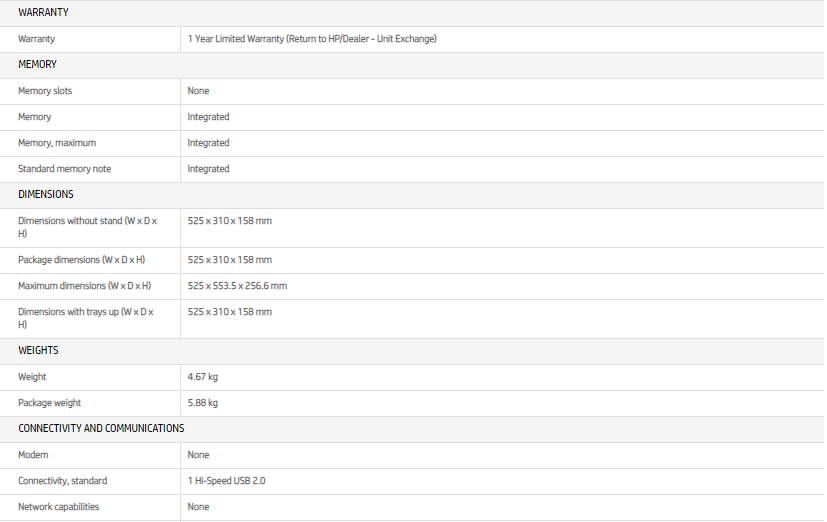 Specifications of the HP INKTANK 315